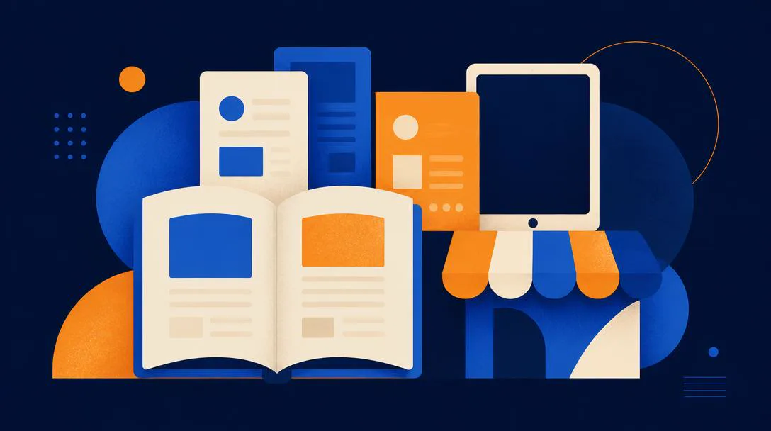 Illustration abstraite bleu nuit et orange : livre numérique ouvert, modèles de documents, tablette et devanture de boutique en ligne.