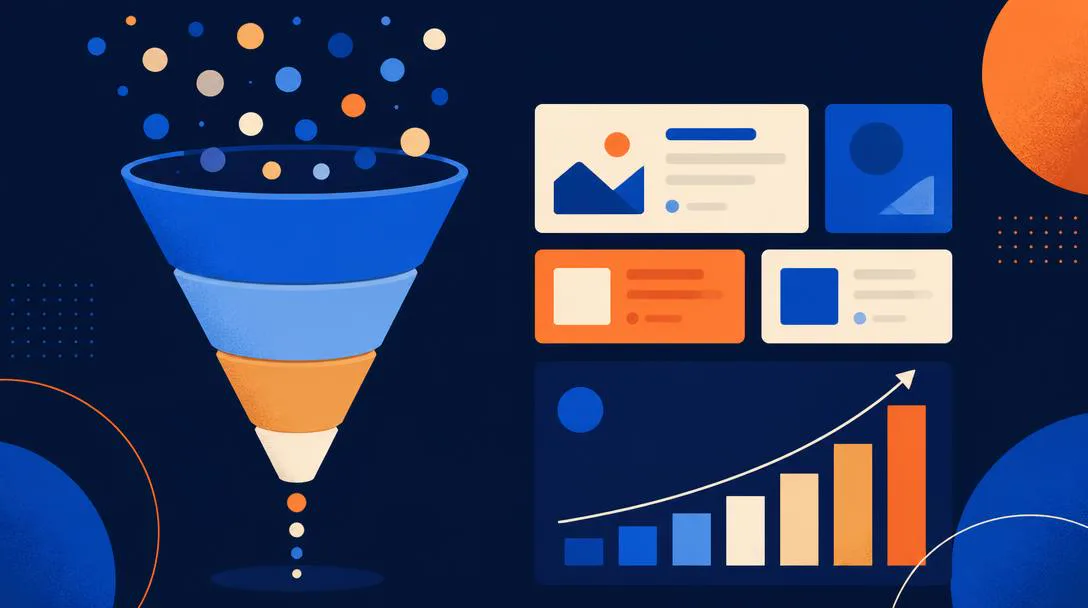 Illustration abstraite bleu nuit et orange : entonnoir de conversion, contenus marketing et courbe de performance.
