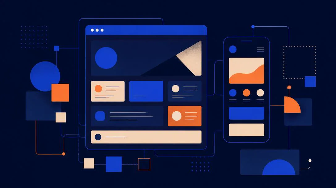 Illustration abstraite bleu nuit et orange : maquette de site web et écran d'application reliés par des blocs numériques.