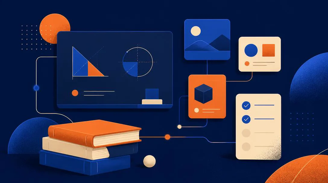 Illustration abstraite bleu nuit et orange : tableau pédagogique, livres, fiches de cours et liste d'exercices.
