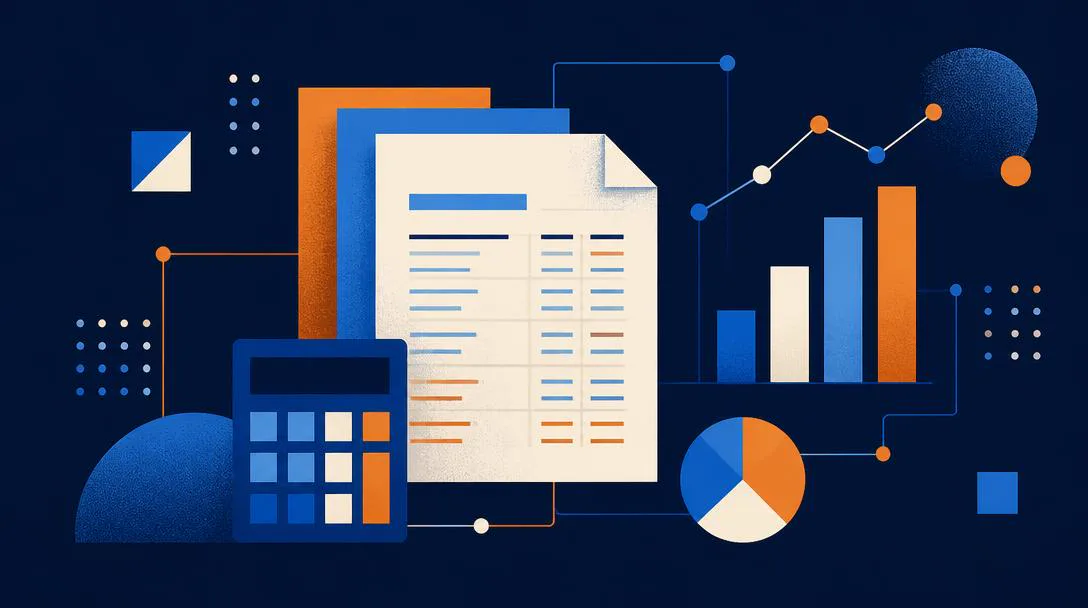 Illustration abstraite bleu nuit et orange : documents comptables, graphiques et calculatrice reliés par des lignes de données.