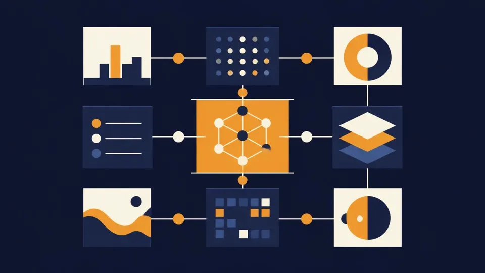 Illustration abstraite bleu nuit et orange : une grille de blocs reliés entre eux évoquant données, modèles et outils.