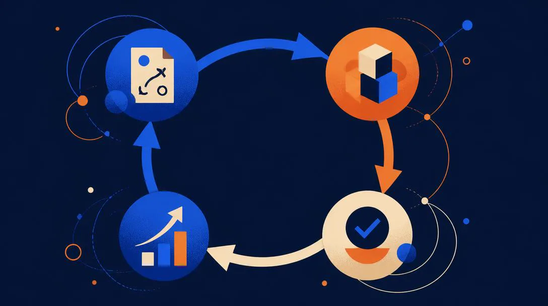 Illustration abstraite bleu nuit et orange : boucle circulaire à quatre étapes représentant planifier, agir, vérifier et améliorer.
