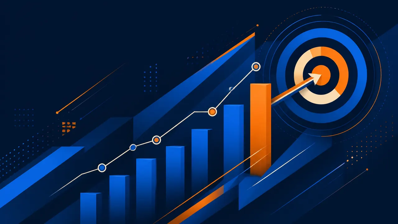 Indicateurs de croissance, barres ascendantes et cible géométrique bleues, orange et crème sur fond bleu nuit.