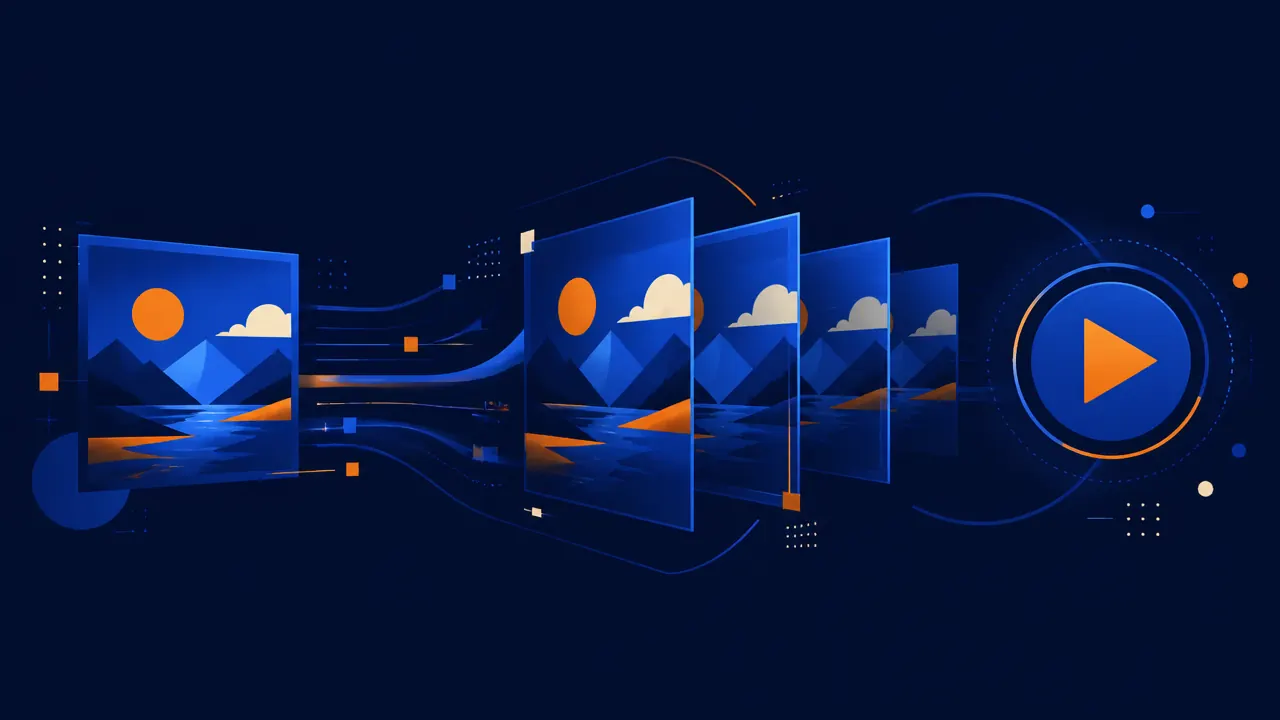 Une image géométrique évolue en plusieurs plans vidéo vers un symbole de lecture bleu et orange sur fond bleu nuit.