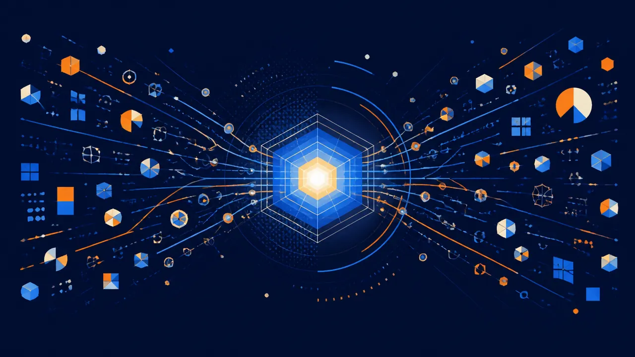 Informations géométriques bleues, orange et crème convergeant vers un noyau lumineux sur fond bleu nuit.